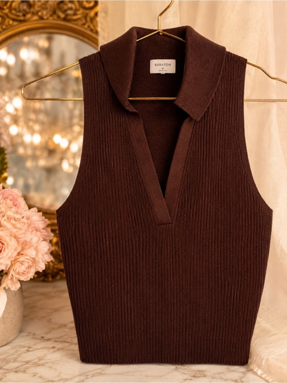 Aritzia Babaton Chocolate Brown Collared Knit Vest | Quiet Luxury | Size M